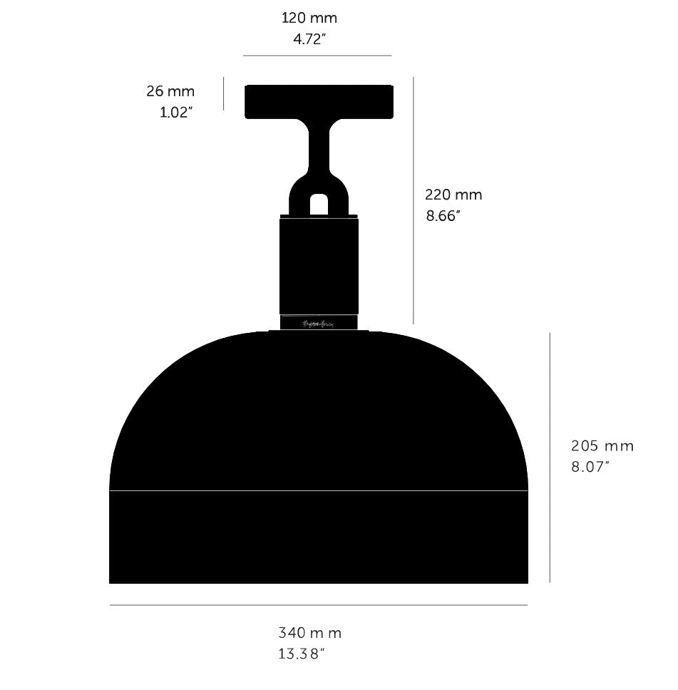 Stregtegning af loftlampe, med mål.