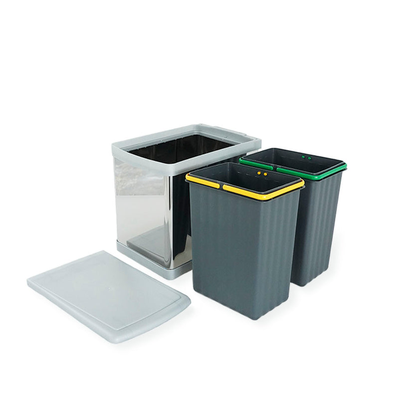 Affaldssystem med to spande med henholdsvis gul og grøn hank. Affaldssystemtmet har grås låg og kanter og siderne er i blank rustfri stål.