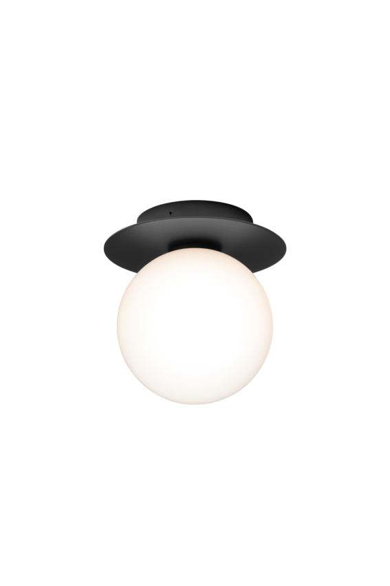 Loftlampe med rund skærm af opalglas og sort fatning, på hvid baggrund