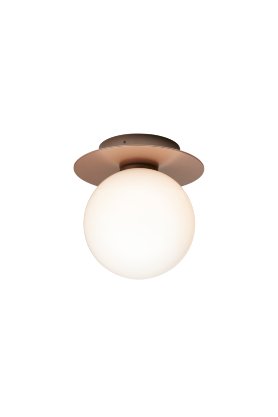Loftlampe med rund skærm af opalglas og bronzefarvet fatning, på hvid baggrund
