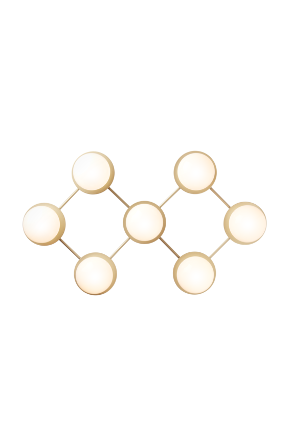 Væg-eller loftlampe med lampeskærme af opalglas og gylden fatning og stel, på hvid baggrund