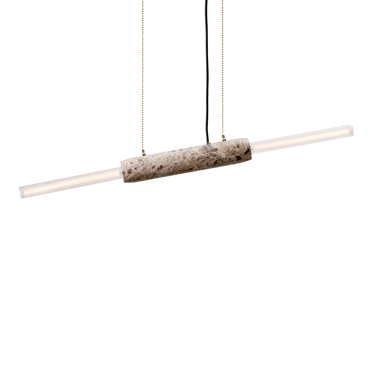 Rund aflang lampe med brun marmor som midterstykke og en aflang pære i hver ende. 