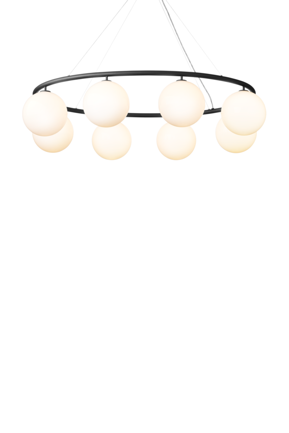 Lysekrone bestående af otte runde skærme i opalglas samt krone i mørkegrå, på hvid baggrund