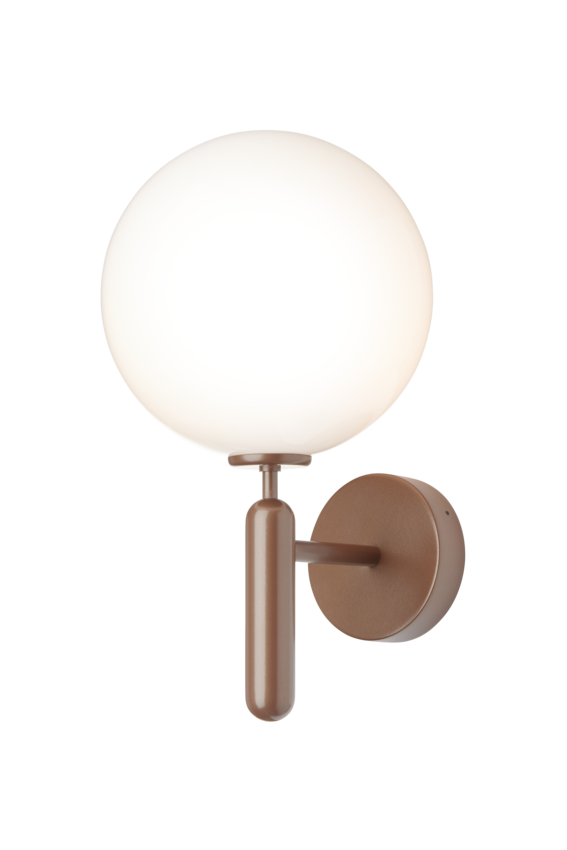 Væglampe med rund skærm af opalglas og bruneret stel, på hvid baggrund