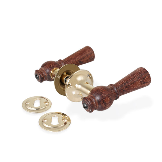 Østerbro dørhåndtag i mahogni inkl. roset og nøgleskilt i blank messing uden lak