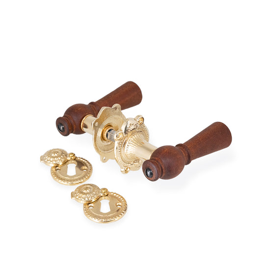 Østerbro dørhåndtag i mahogni inkl. roset og nøgleskilt med klap i blank messing uden lak