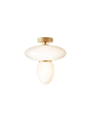 Loftlampe bestående af to skærme i opalglas samt gyldent ophæng, på hvid baggrund