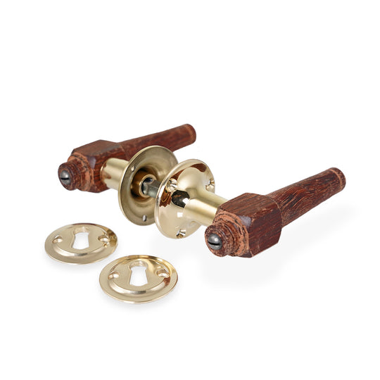 Svanemølle dørhåndtag i ædeltræ inkl. roset og nøgleskilt i blank messing uden lak